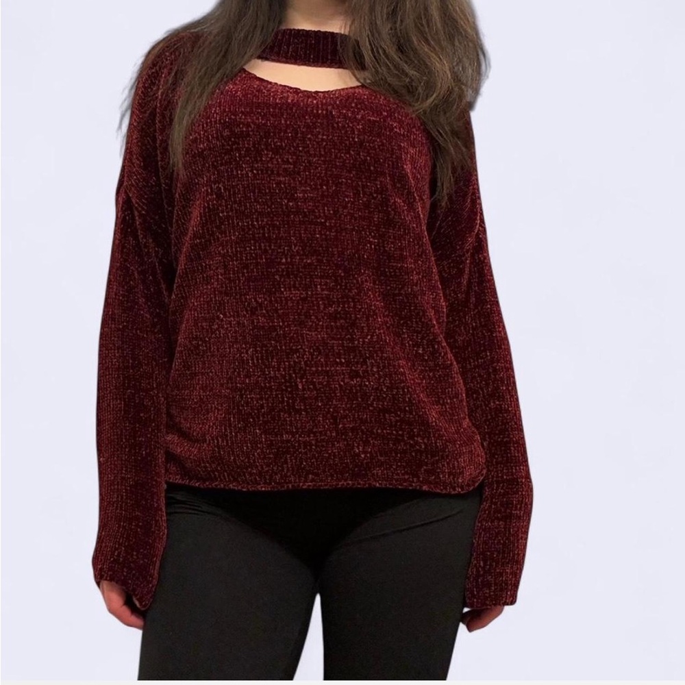 No Comment Burgundy Chenille Choker Neck Sweater Women's Large Cutout